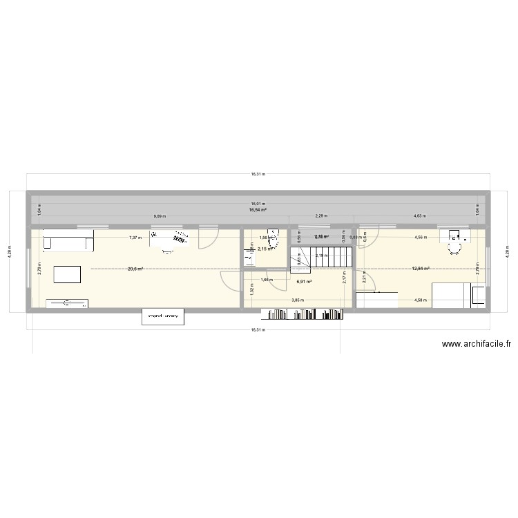 Perez v04 chambre droite. Plan de 6 pièces et 60 m2
