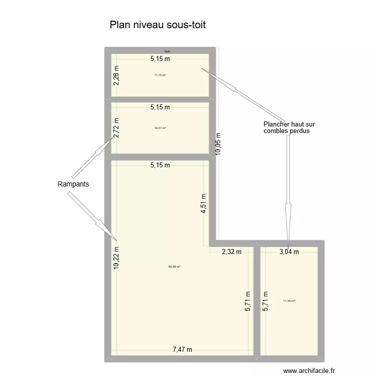 Plan niveau sous toit. Plan de 4  et 109 m²