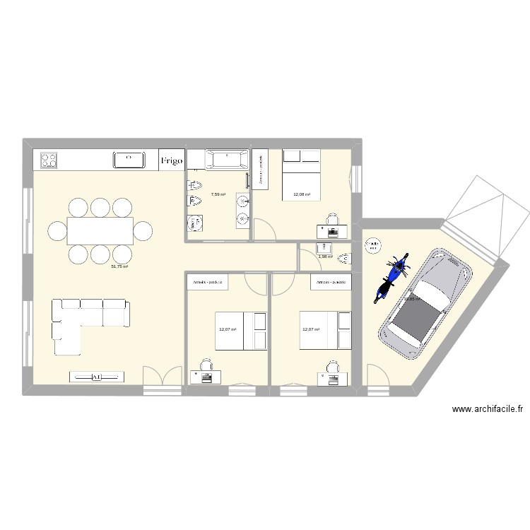 400m2 garage devant. Plan de 7 pièces et 117 m2