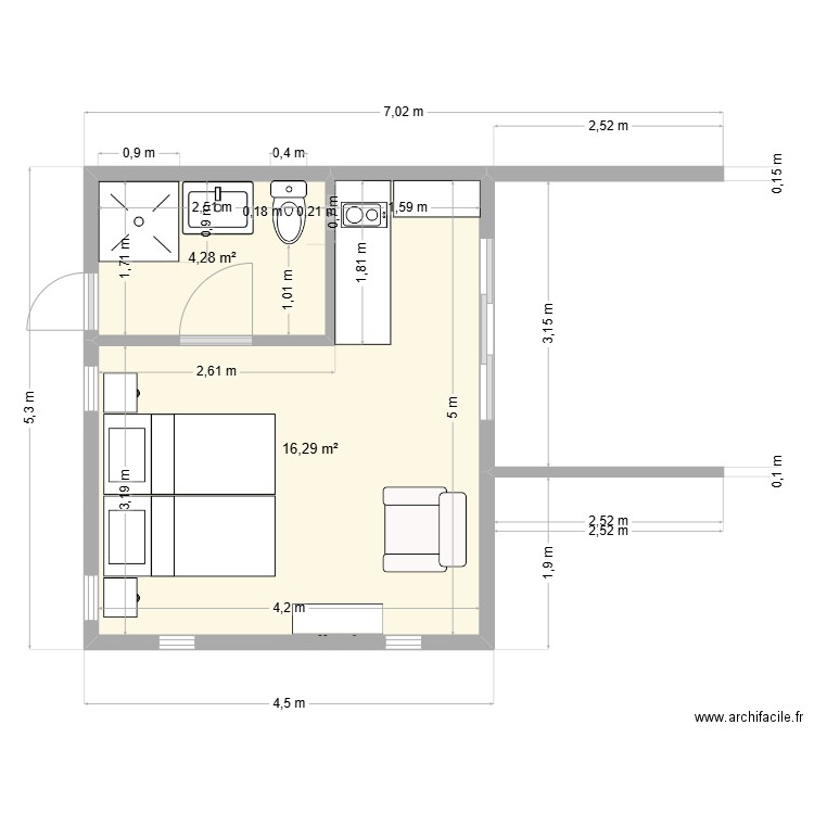 Studio. Plan de 2 pièces et 21 m2