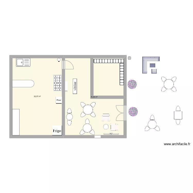 patisserie du futur. Plan de 2 pièces et 69 m²