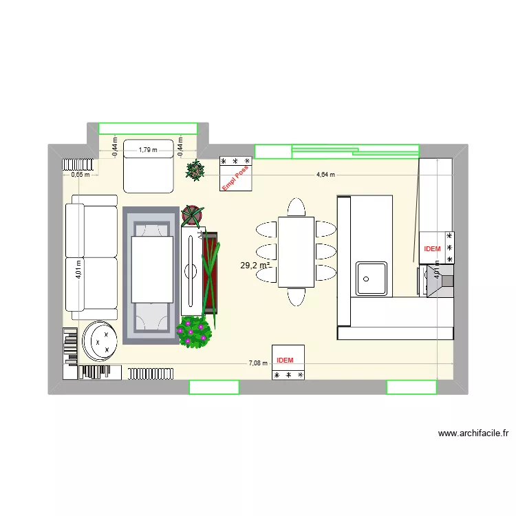 SEJOUR. Plan de 1  et 29 m²