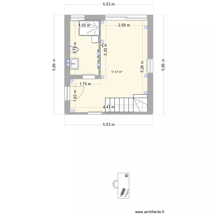 EXTENSION ROMAIN. Plan de 2 Pièces et 23 m²