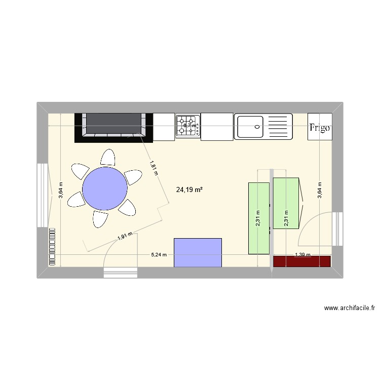 cuisine2. Plan de 1 pièce et 24 m2