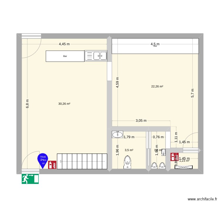 Accueil Brasserie. Plan de 5 pièces et 59 m2