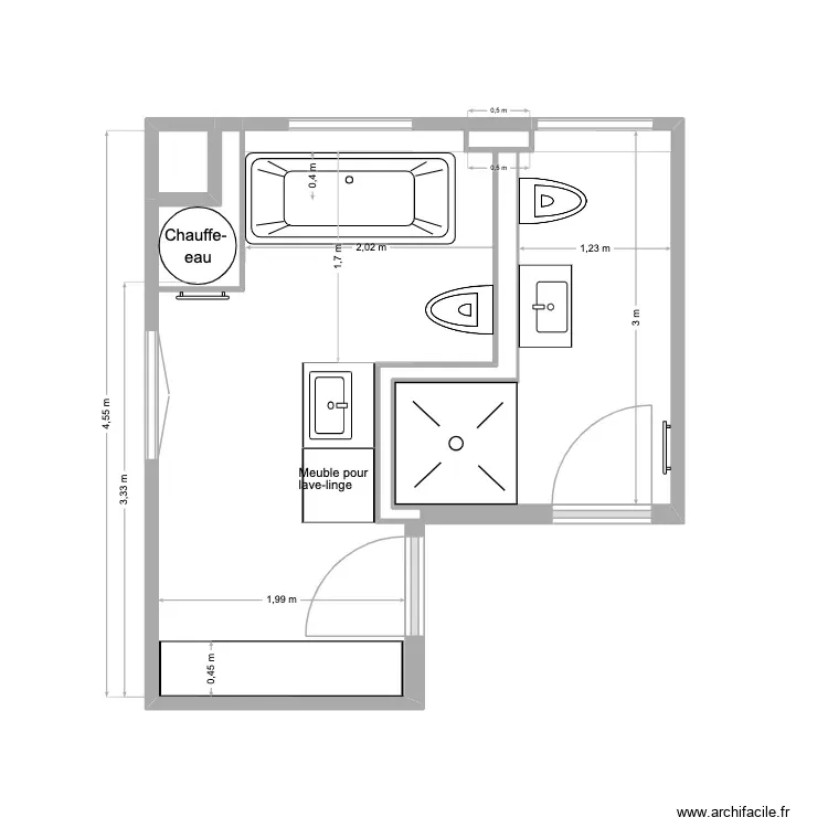 mourzin SDB 22.10 baignoire sous fen&ecirc;tre. Plan de 3 Pièces et 1 m²