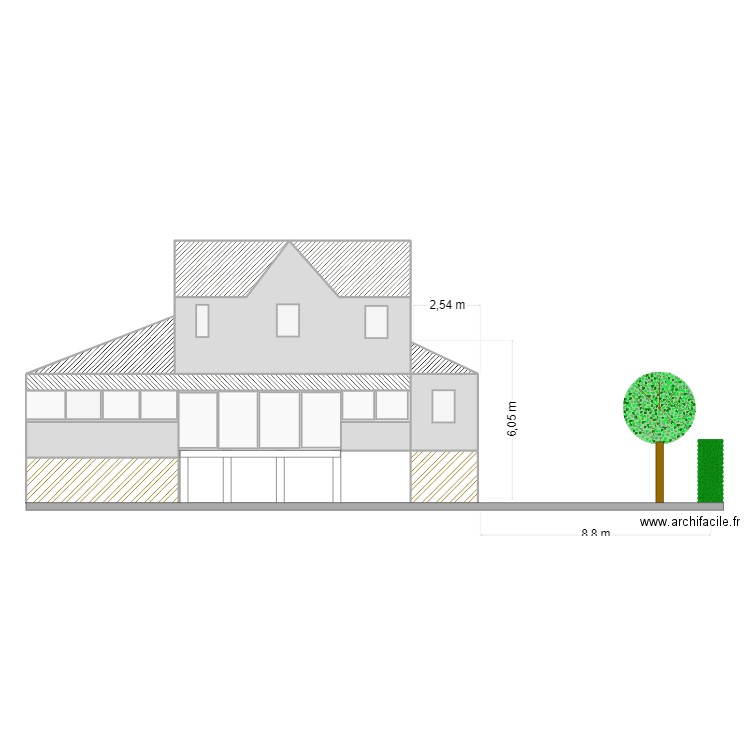 Plan de facade arriere. Plan de 14 pièces et 138 m2