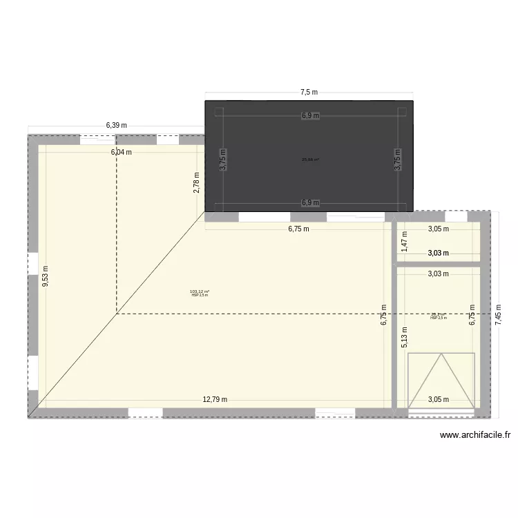 extension. Plan de 3  et 149 m²