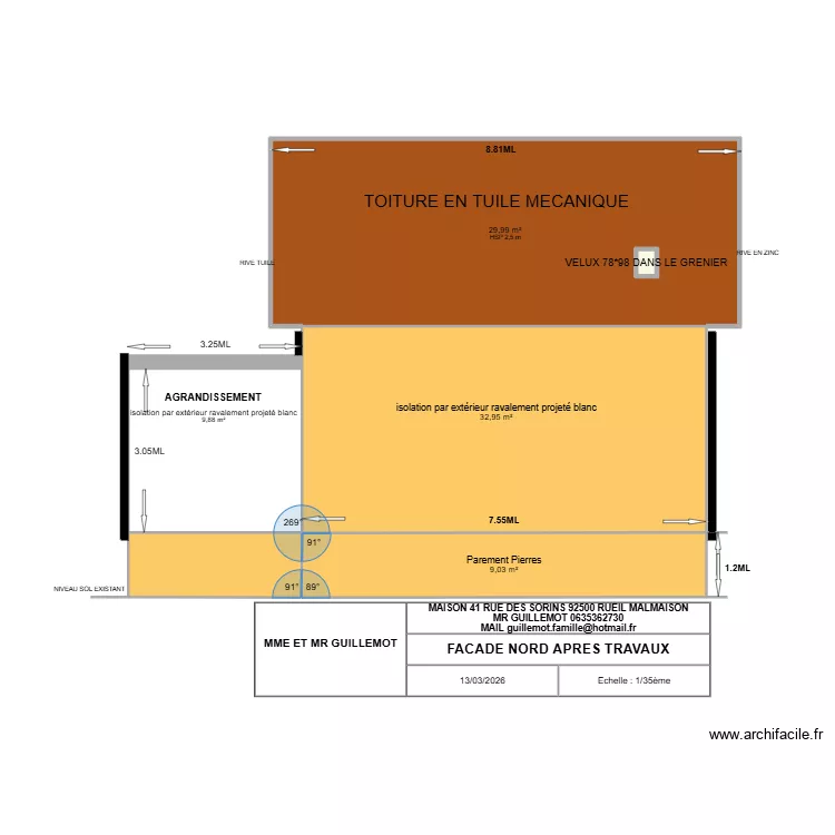 FACADE NORD APRES TRAVAUX. Plan de 5  et 82 m²