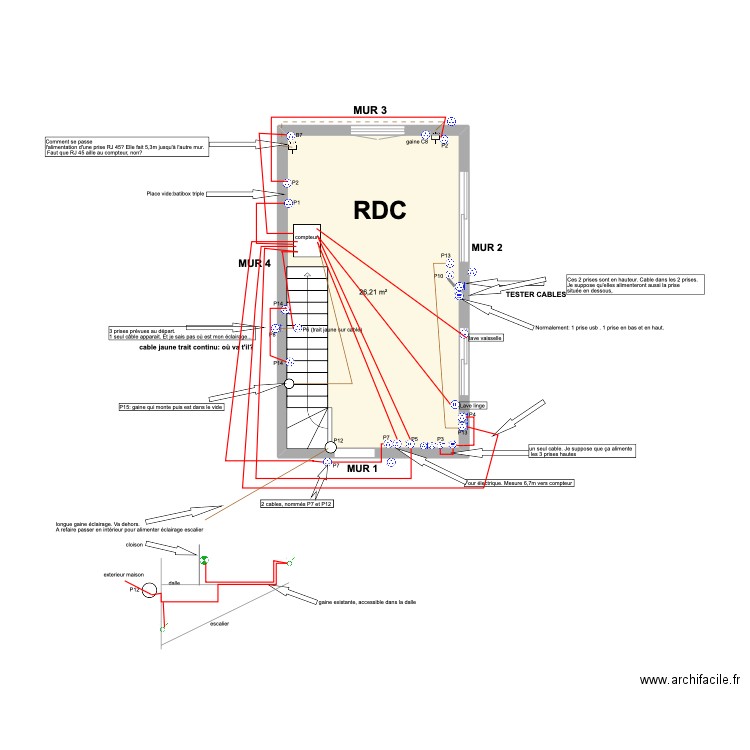 7 mars schéma prises RDC. Plan de 1 pièce et 26 m2