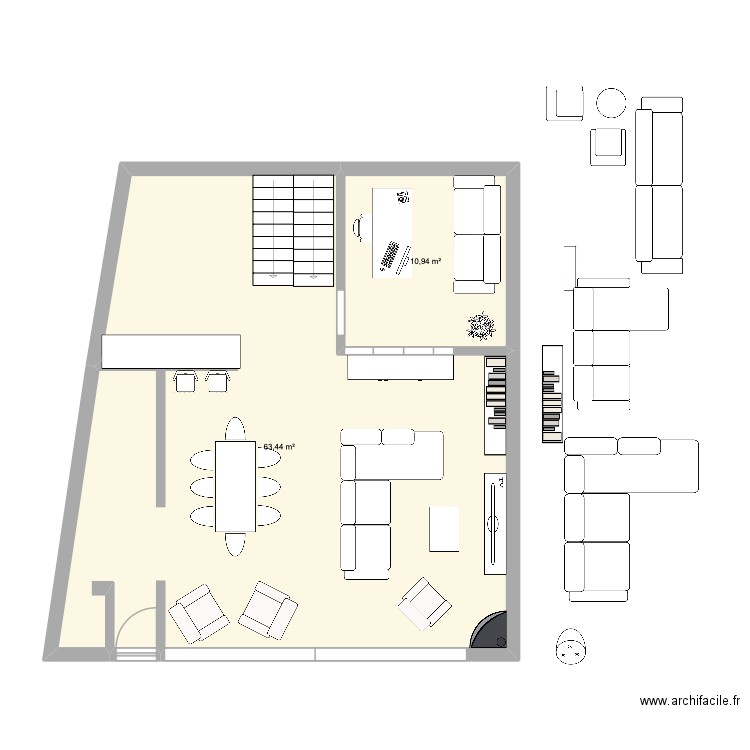 salon verne. Plan de 2 pièces et 74 m2