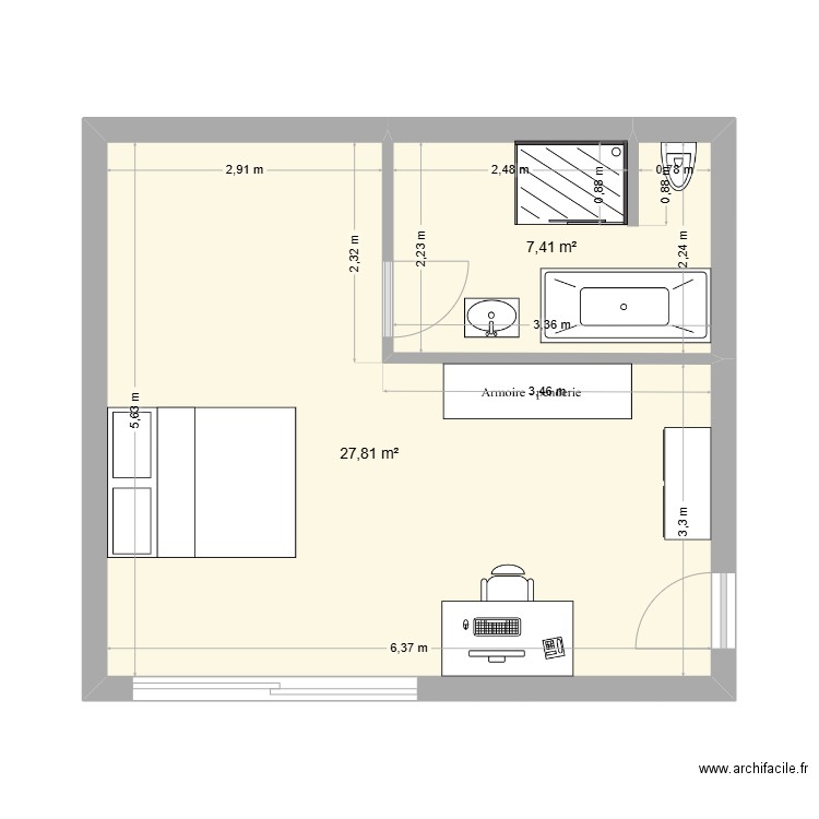 Suite parentale. Plan de 2 pièces et 35 m2