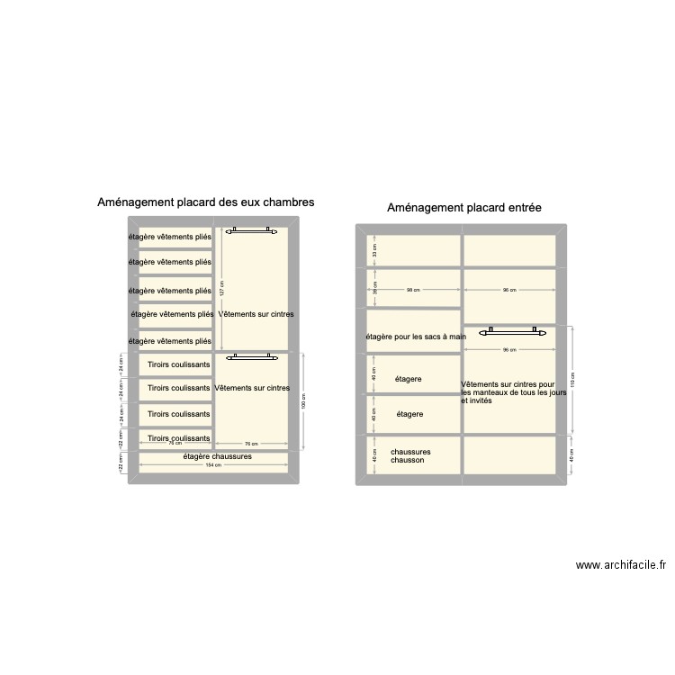 Aménagement placards. Plan de 22 pièces et 8 m2