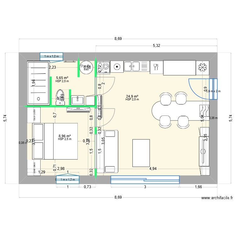 T2 - LA CADIERE - cloison intérieure modifie avec mob ind 3. Plan de 3 pièces et 40 m2