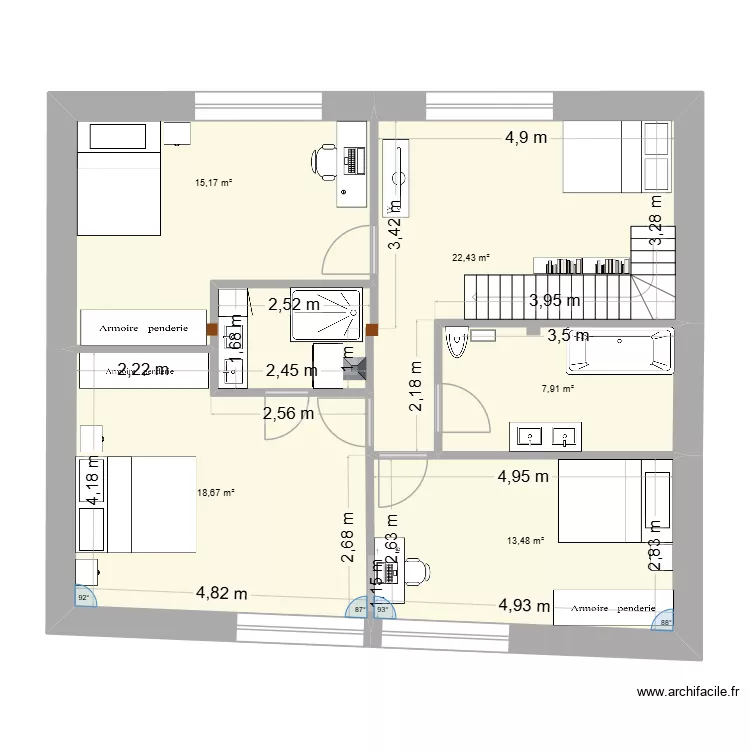 CHALET-CHAMBRES amenagement. Plan de 5  et 78 m²