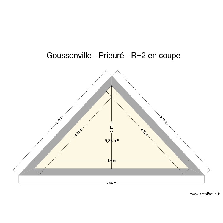 Goussonville - Prieuré - R+2 en coupe. Plan de 1 pièce et 9 m2