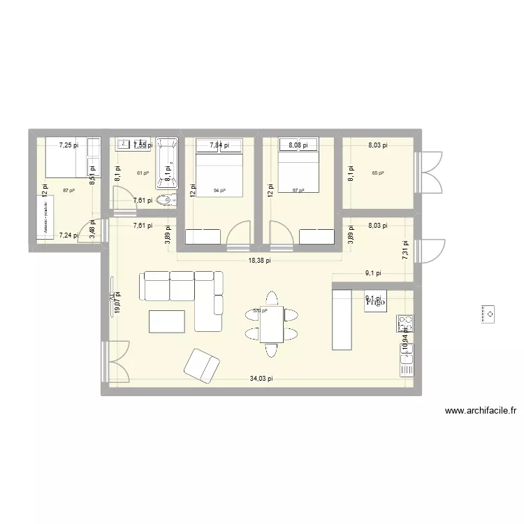 Chalet plan #3. Plan de 6  et 91 m²
