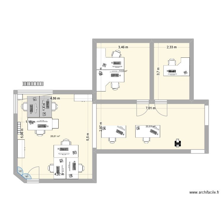 bureau technique. Plan de 4 pièces et 69 m2