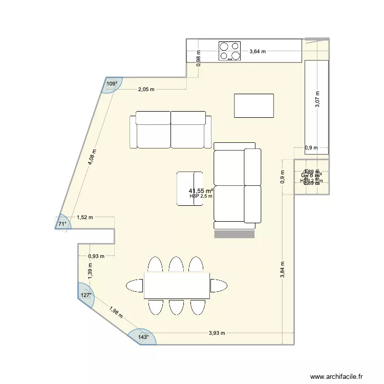appart. Plan de 2 pièces et 42 m²
