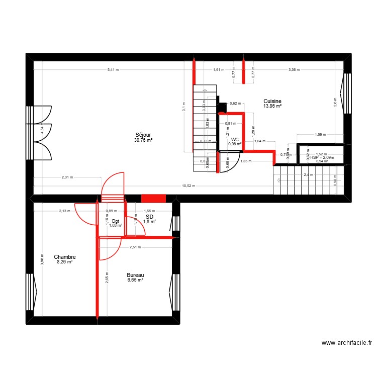 PLAN ETAGE 1 CLOISONS SUPPRIMEES - SONNEVILLE. Plan de 9 pièces et 64 m2