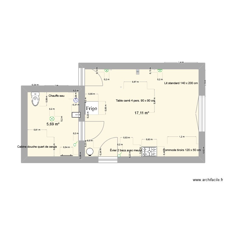 appart. Plan de 2 pièces et 23 m2