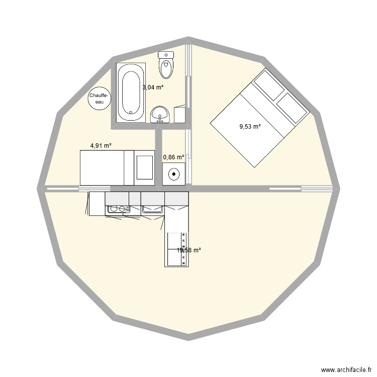 yourte. Plan de 5 pièces et 38 m2
