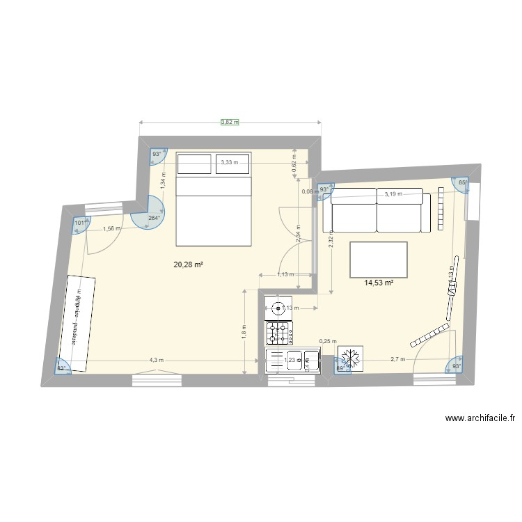 STUDIO. Plan de 2 pièces et 35 m2