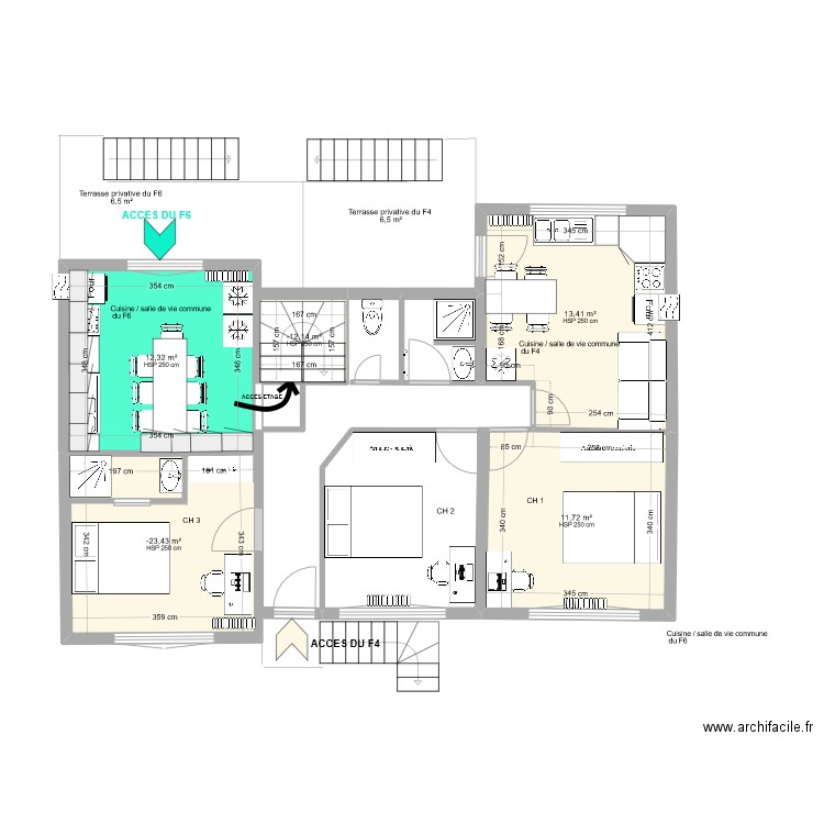 bures configuration 2 appartements. Plan de 5 pièces et 52 m2