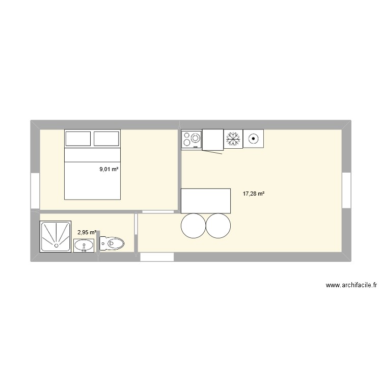 T2bis 30m². Plan de 3 pièces et 29 m2