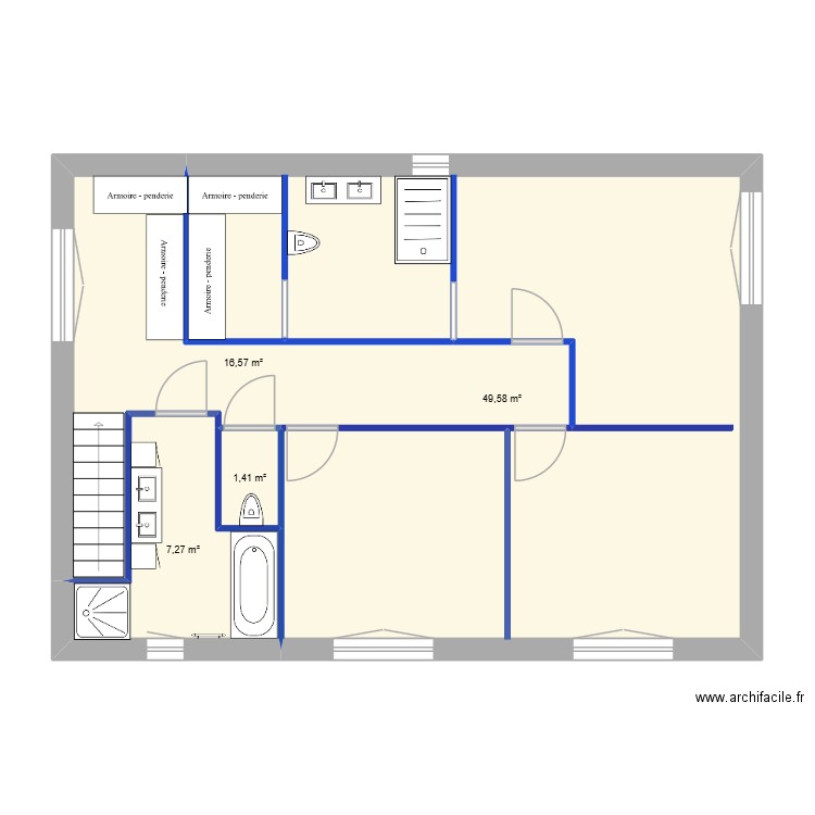 chantier de Claudio 1 er étage. Plan de 4 pièces et 75 m2