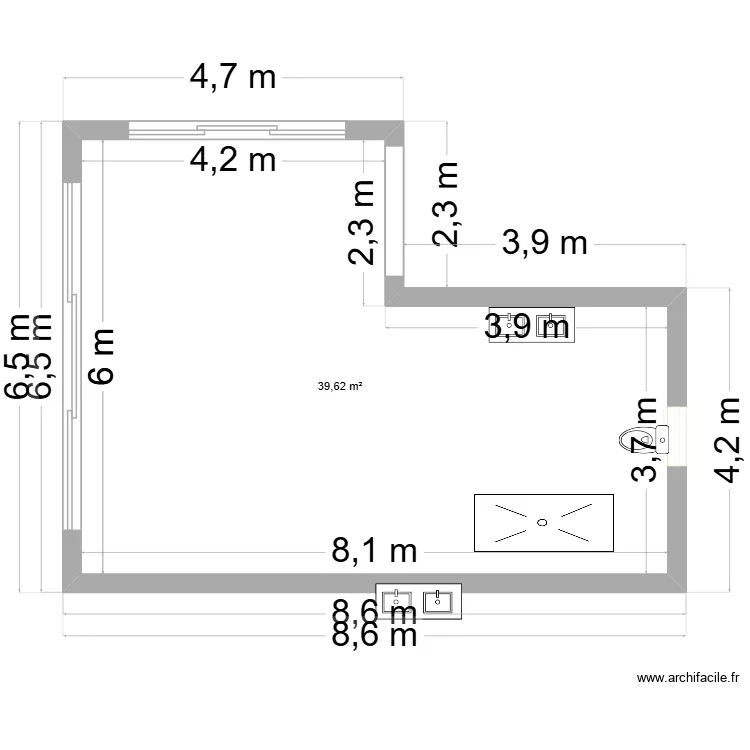 extension. Plan de 1 pièce et 40 m²