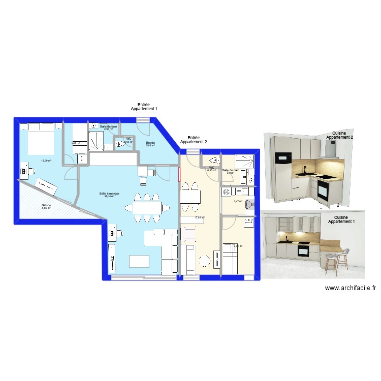 Briançon2 aménagé 2 appartements. Plan de 12 pièces et 102 m2