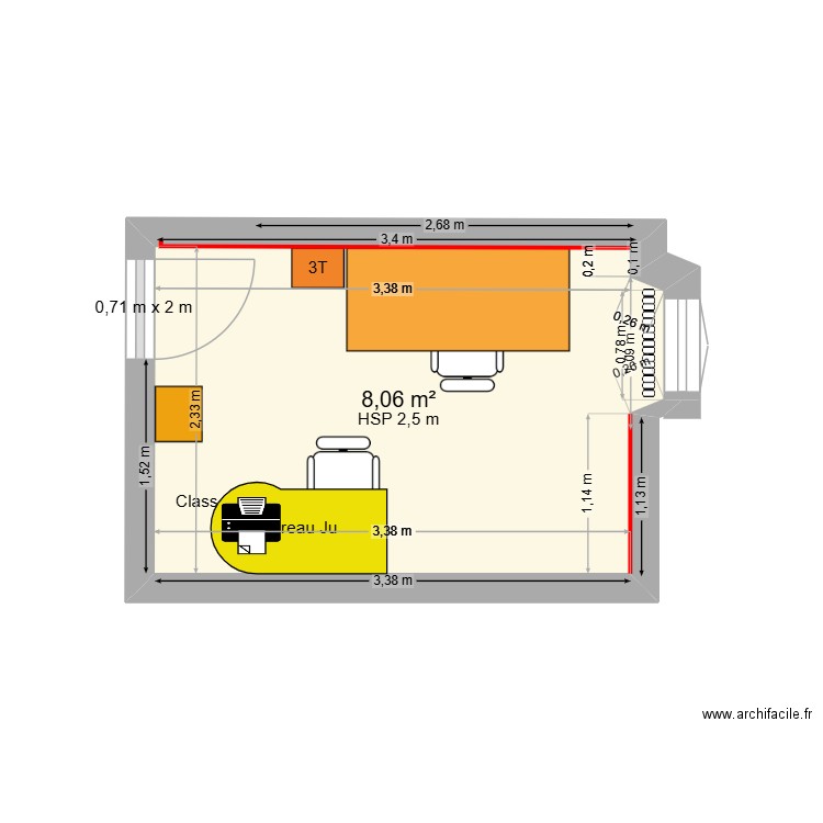 Bureau. Plan de 1 pièce et 8 m2