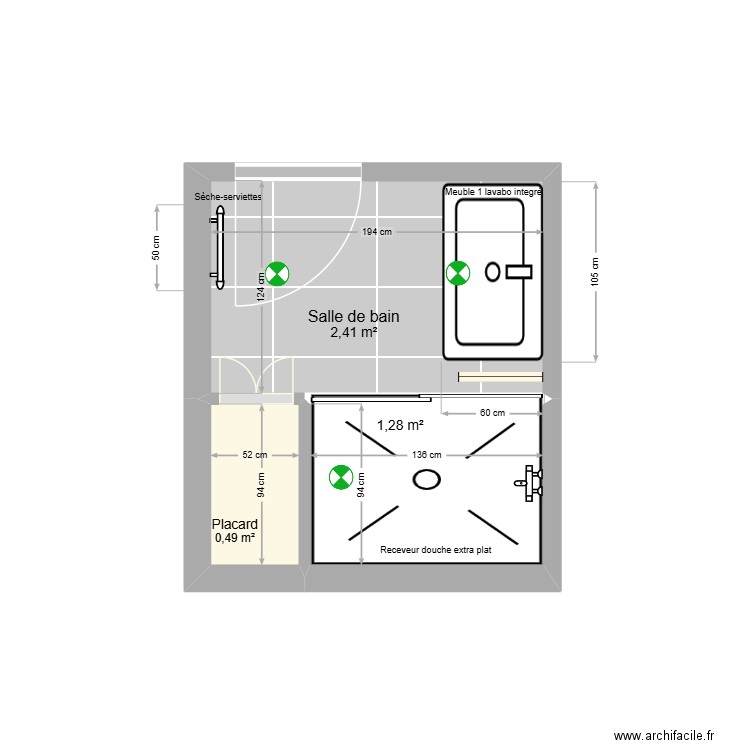 SdB. Plan de 3 pièces et 4 m2