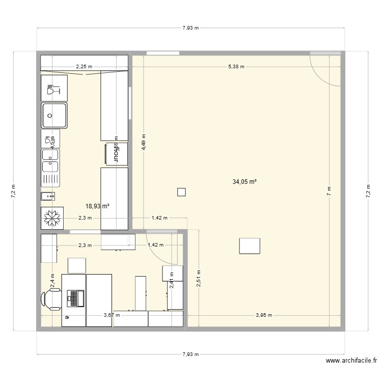 labo. Plan de 2 pièces et 53 m2