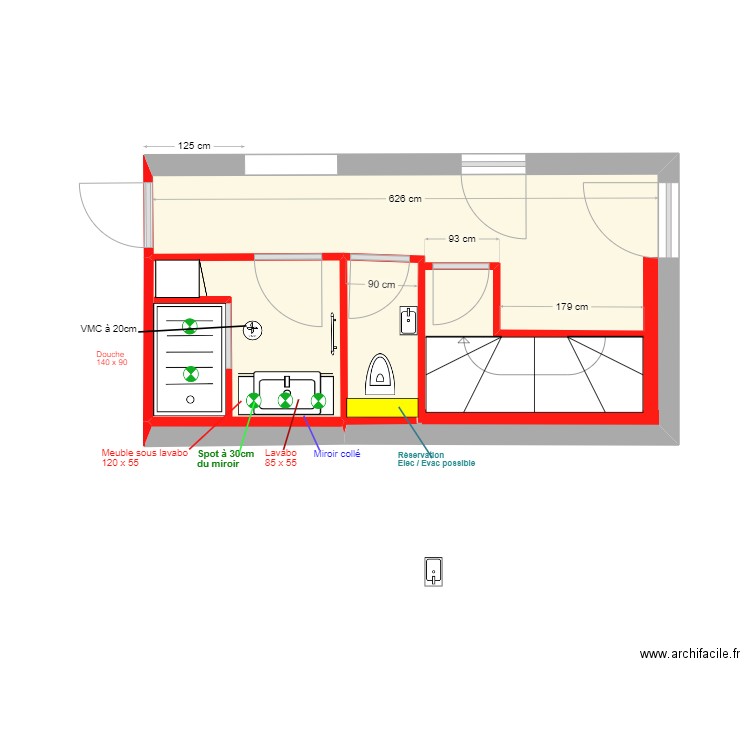 SdB 1er Etage Aec ANCIENNE CLOISON. Plan de 4 pièces et 19 m2