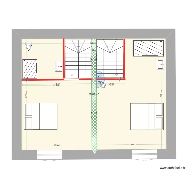 Plan &eacute;tage avec un escalier double. Plan de 