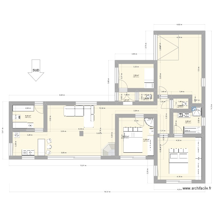 Mouron4. Plan de 8 pièces et 122 m2