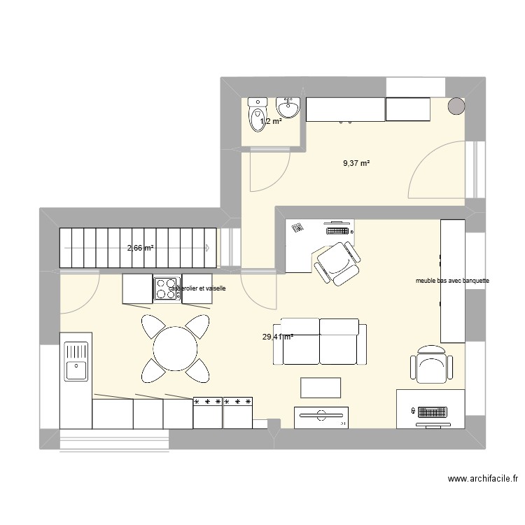 rdc. Plan de 4 pièces et 44 m2