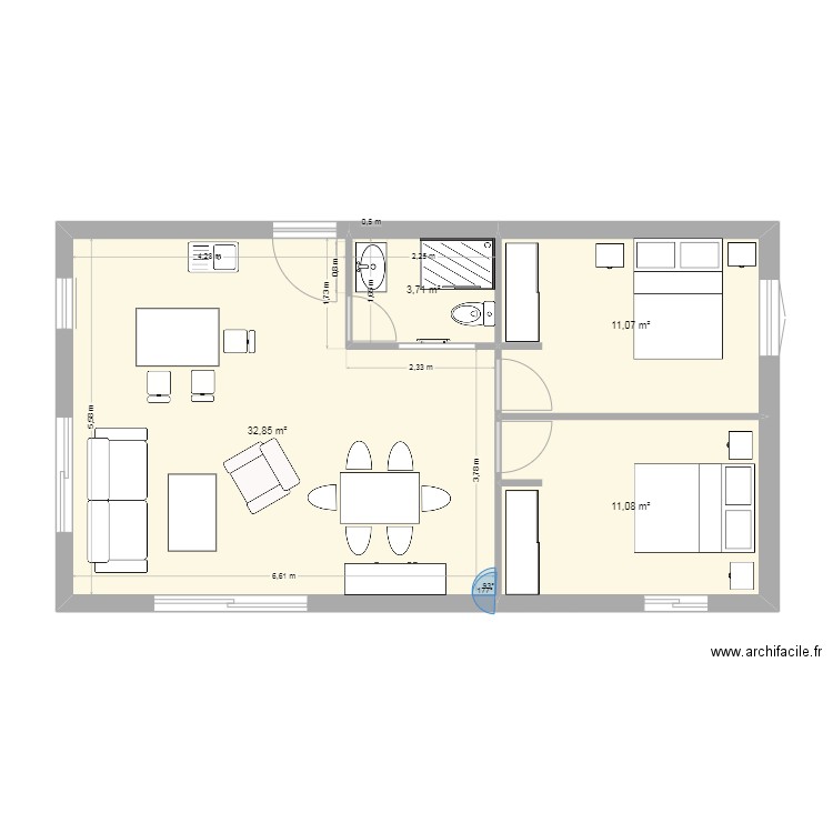 T3 60 m2. Plan de 4 pièces et 59 m2