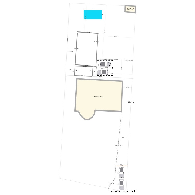 Implantation. Plan de 2 pièces et 166 m2