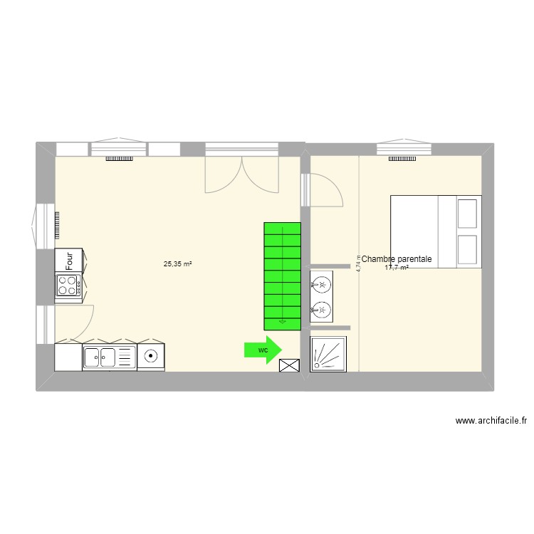 rdc Montreuil structure V2.1. Plan de 5 pièces et 74 m2