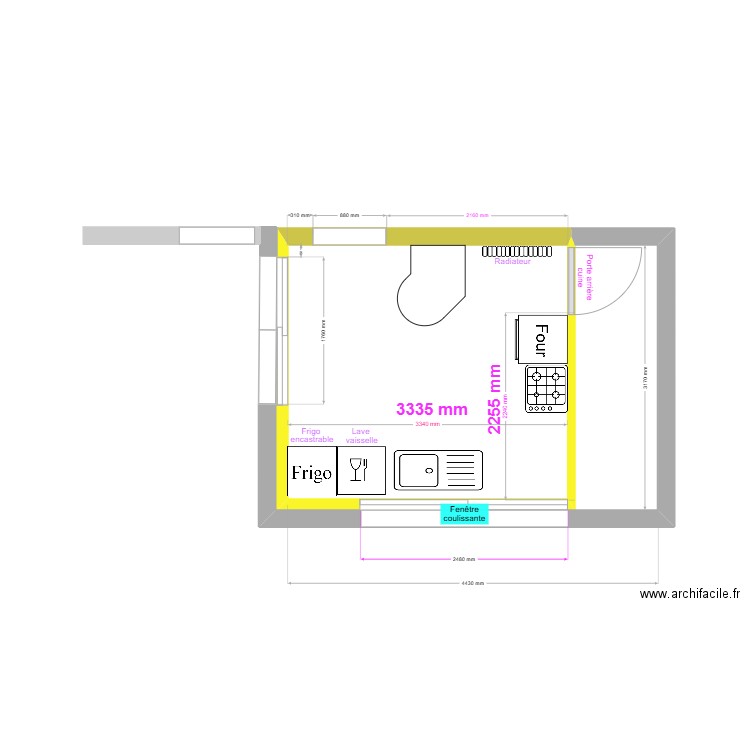 Pour étude meuble cuisine. Plan de 1 pièce et 10 m2