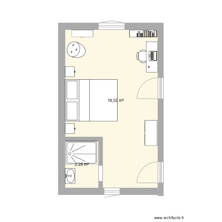 chambre RDC Bagnols en Forêt. Plan de 2 pièces et 21 m2