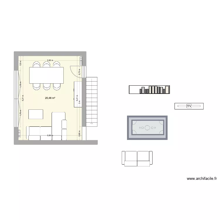 Salon salle &agrave; manger. Plan de 1  et 20 m²
