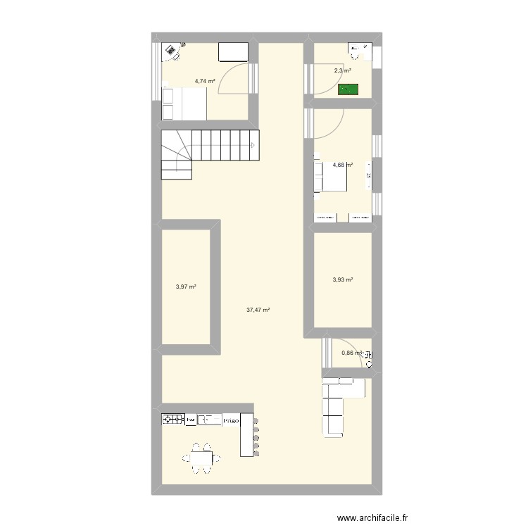 anglais. Plan de 7 pièces et 58 m2