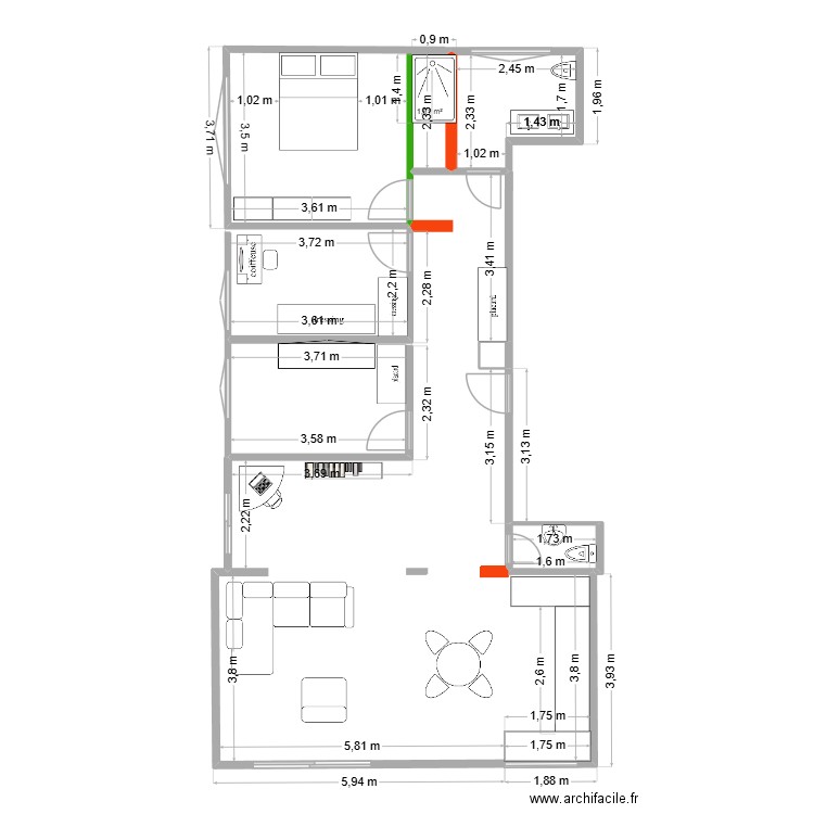 plan sdb agrandie, hall bureau. Plan de 4 pièces et 8 m2