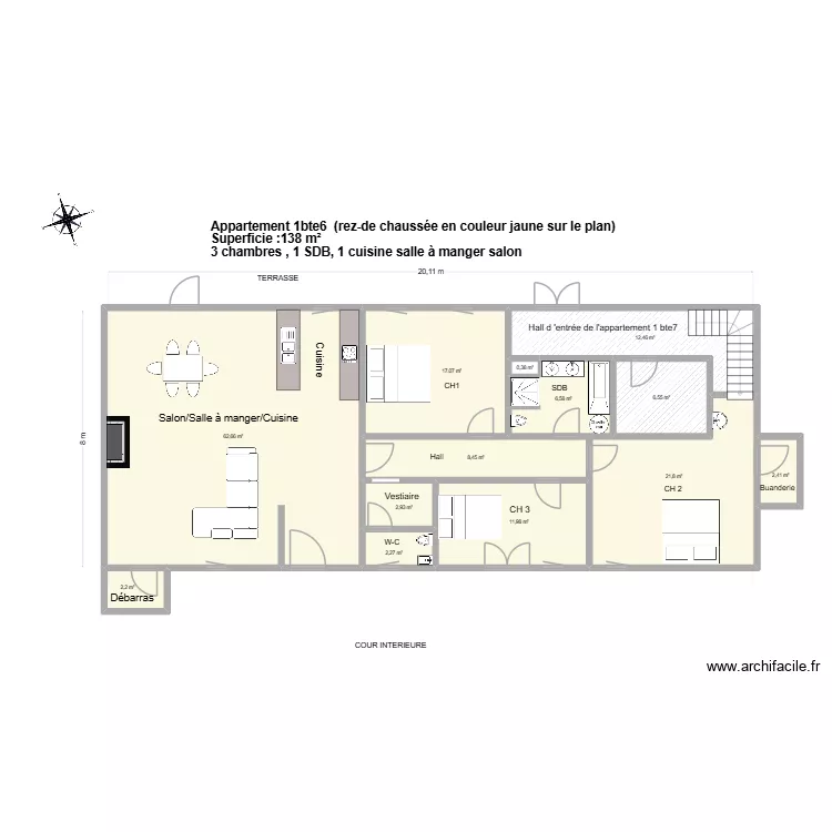 Appartement 1bte6. Plan de 13  et 158 m²