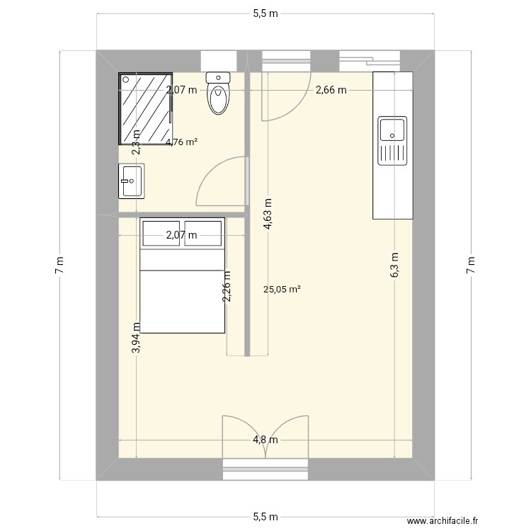 Atelier. Plan de 2 pièces et 30 m2