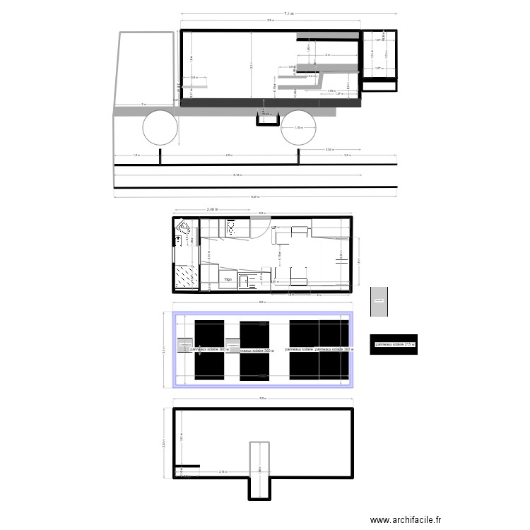 cellule lit relevable male arrière. Plan de 7 pièces et 46 m2